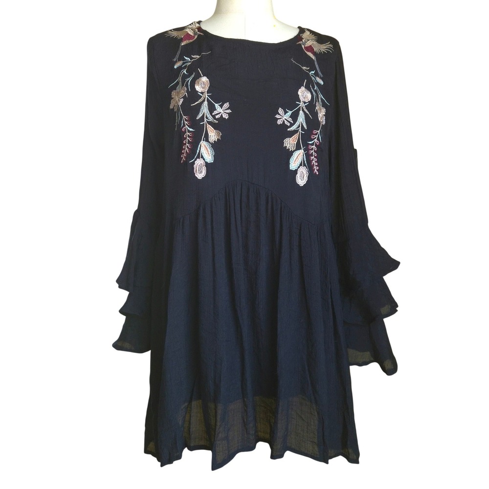Umgee Tunic Dress Women L Black Excellent Embroidered Ruffle Sleeve Boho